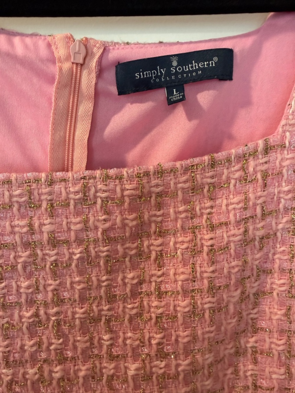 Simply Southern Pink Gold Tweed Tiered Women’s Dress with Puff Sleeves- Large - Picture 3 of 6
